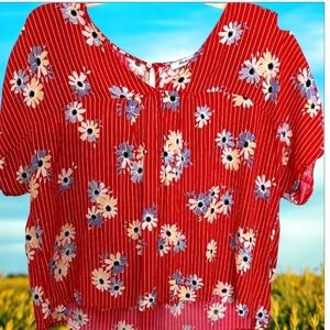 Madewell Red Floral Stripe Short Sleeve Blouse Women’s‎ Size XS
